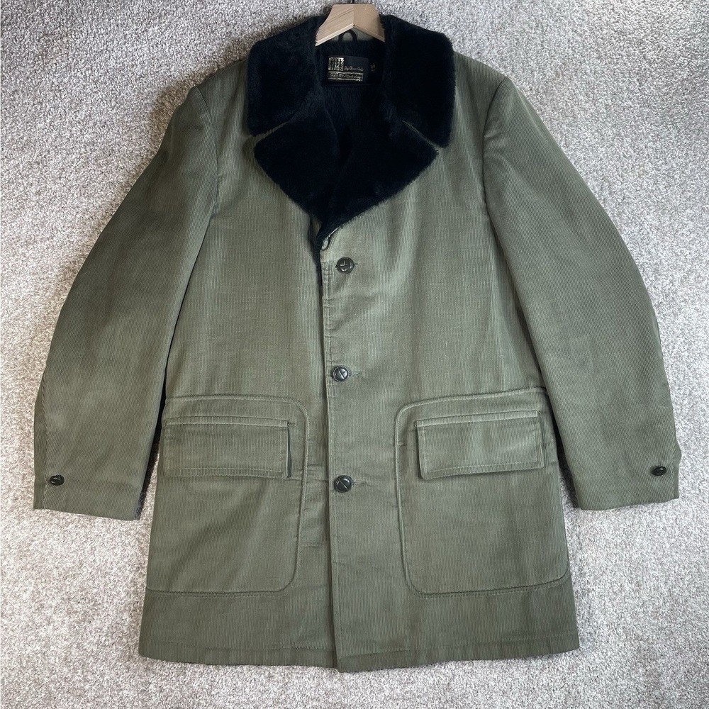 Sears Corduroy Coat Mens 44T Olive Green Faux Fur Pile Lined Vintage Tall Jacket